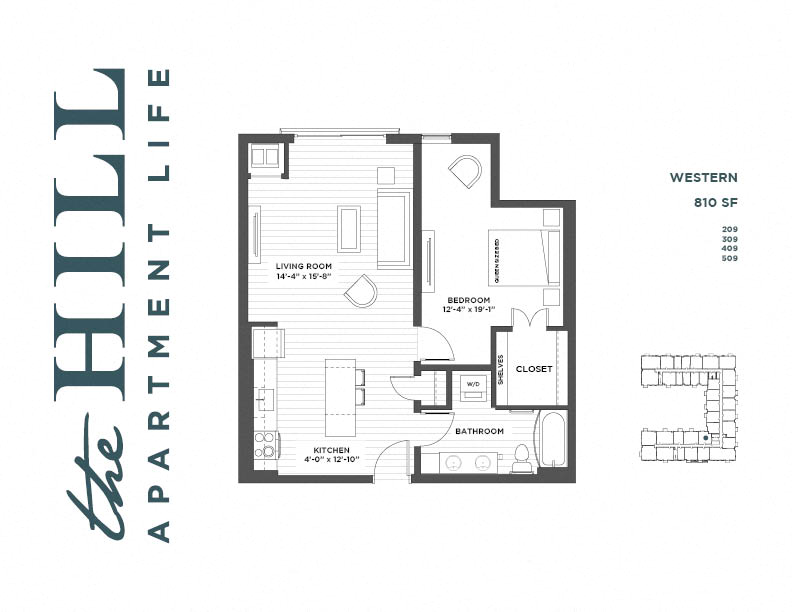 Floor plan for 1 bed, 1 bath, 810 sqft